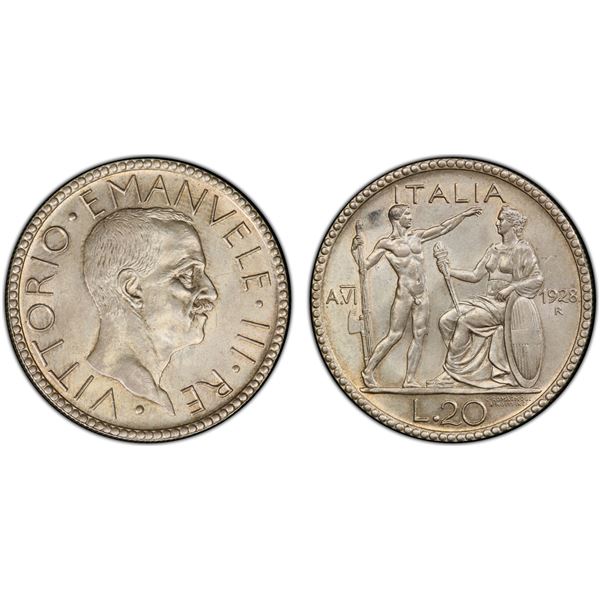 ITALY: Vittorio Emanuele III, 1900-1946, AR 20 lire, 1928 year VI-R, PCGS MS63