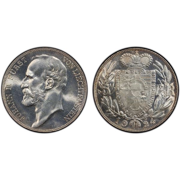 LIECHTENSTEIN: Johann II, 1858-1929, AR 5 franken, 1924-B, PCGS MS64