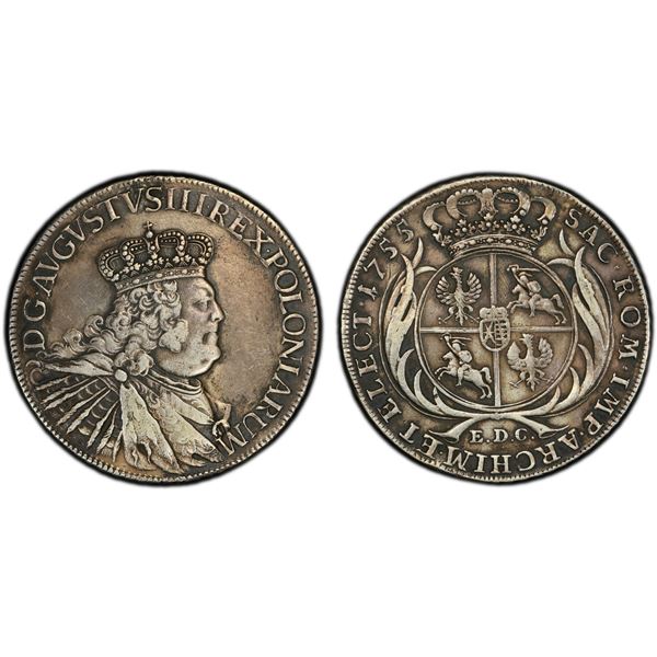 POLAND: Friedrich August II, 1733-1763, AR thaler, Leipzig, 1755, PCGS XF details