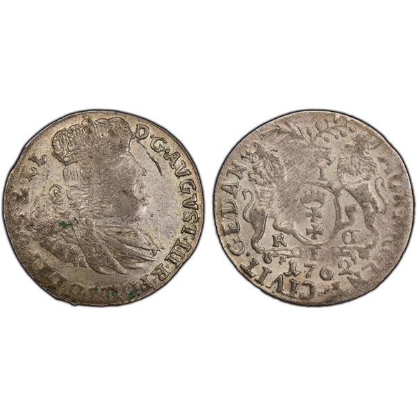POLAND: DANZIG: August III, 1733-1763, BI 6 groszy, 1762, PCGS AU53