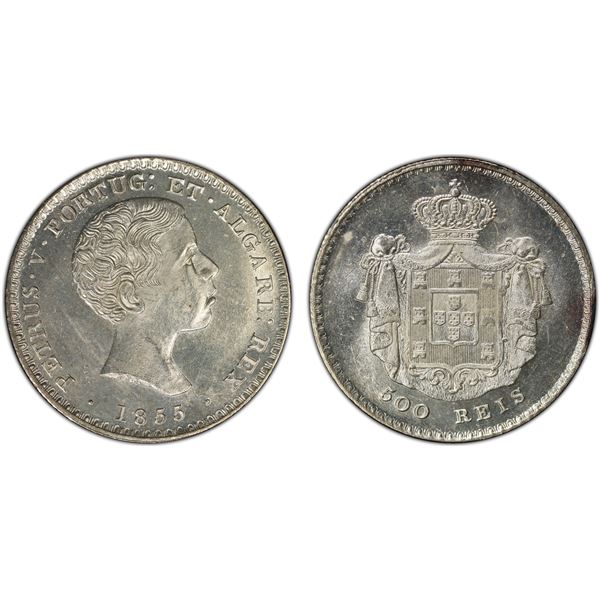 PORTUGAL: Pedro V, 1853-1861, AR 500 reis, 1855, PCGS MS63