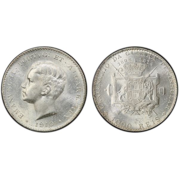 PORTUGAL: Manuel I, 1908-1910, AR 1000 reis, 1910, PCGS MS62
