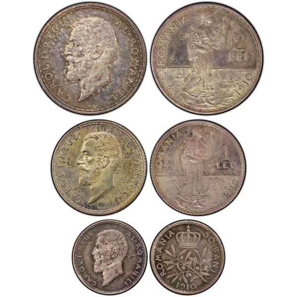 ROMANIA: Carol I, King, 1881-1914, 3-coin proof set, 1910