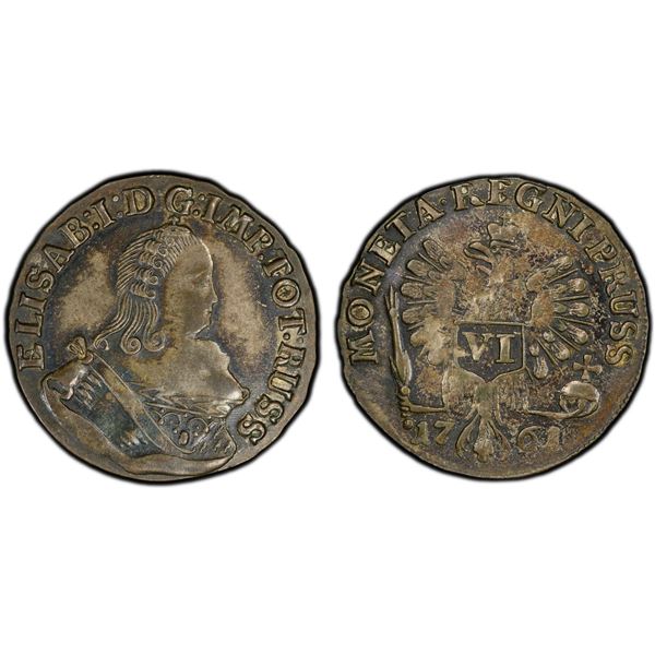 RUSSIAN PROVINCIAL: EAST PRUSSIA: Elizabeth, 1741-1762, AR 6 groschen, 1761, PCGS EF45