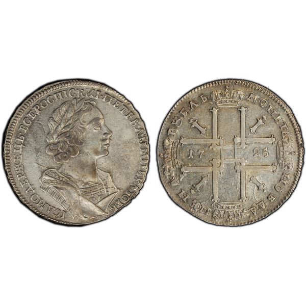 RUSSIAN EMPIRE: Peter I (The Great), 1682-1725, AR rouble, Krasny Mint, Moscow, 1725/4, PCGS XF deta