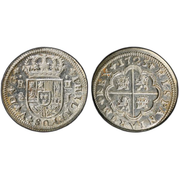 SPAIN: Felipe V, 1700-1746, AR 2 reales (pistareen), Sevilla, 1725-S, PCGS MS65