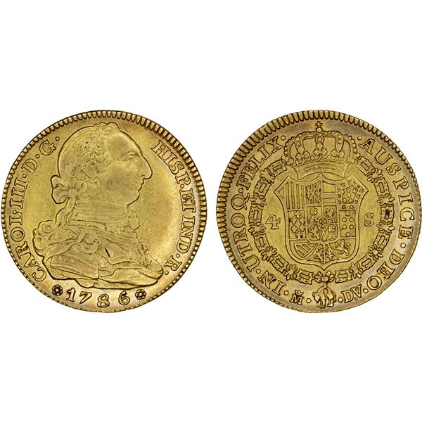 SPAIN: Carlos III, 1759-1788, AV 4 escudos, 1786-M, VF