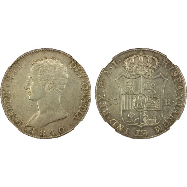 SPAIN: Joseph Napoleon, 1808-1814, AR 20 reales, 1810-M, NGC AU55