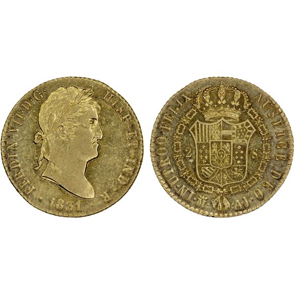 SPAIN: Fernando VII, 1808-1833, AV 2 escudos, 1831-M, Unc