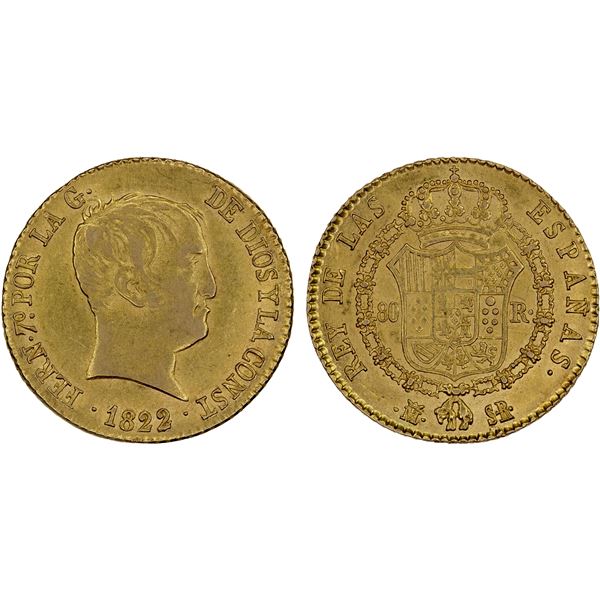 SPAIN: Fernando VII, 1808-1833, AV 80 reales, 1822-M, AU