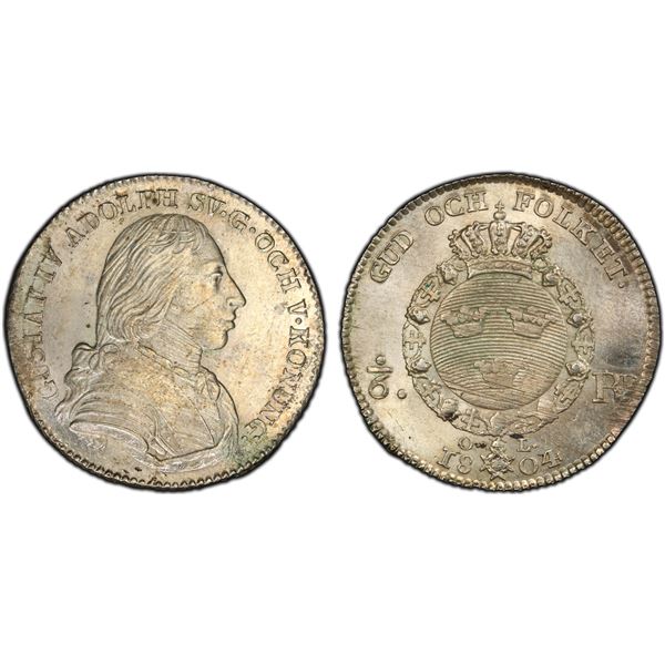 SWEDEN: Gustaf IV Adolf, 1792-1809, AR 1/6 riksdaler, 1804, PCGS MS64
