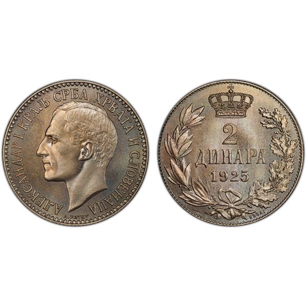 YUGOSLAVIA: Alexander I, 1921-1934, essai 2 dinara, Poissy, 1925, PCGS Specimen 66