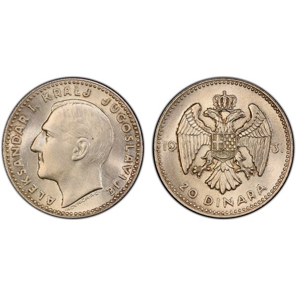 YUGOSLAVIA: Alexander I, 1921-1934, AR 20 dinara, London, 1931, PCGS MS64