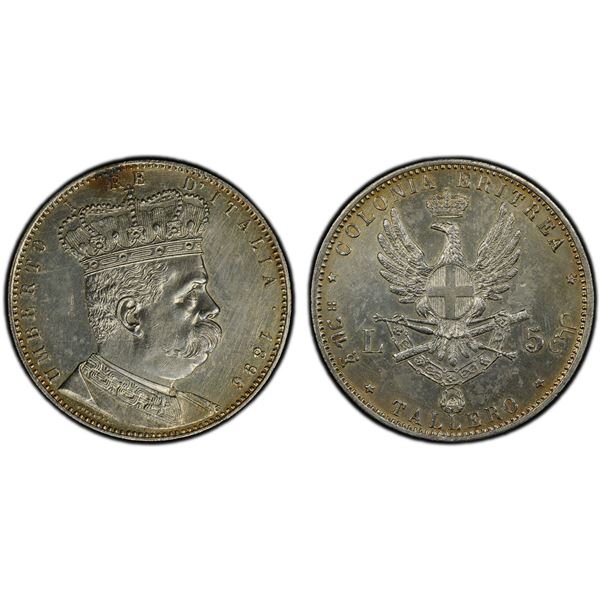 ERITREA: Umberto I, 1889-1900, AR tallero / rial / 5 lire, 1896, PCGS UNC details