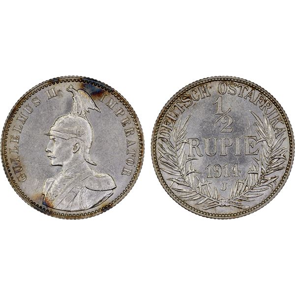 GERMAN EAST AFRICA: Wilhelm II, 1888-1918, AR 1/2 rupie, 1914-J, Unc