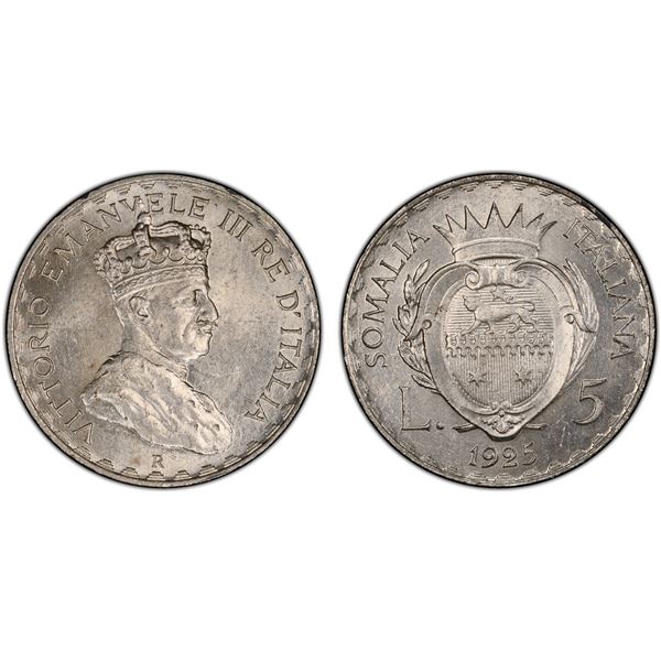ITALIAN SOMALILAND: Vittorio Emanuele III, 1900-1936, AR 5 lire, 1925-R, PCGS MS63