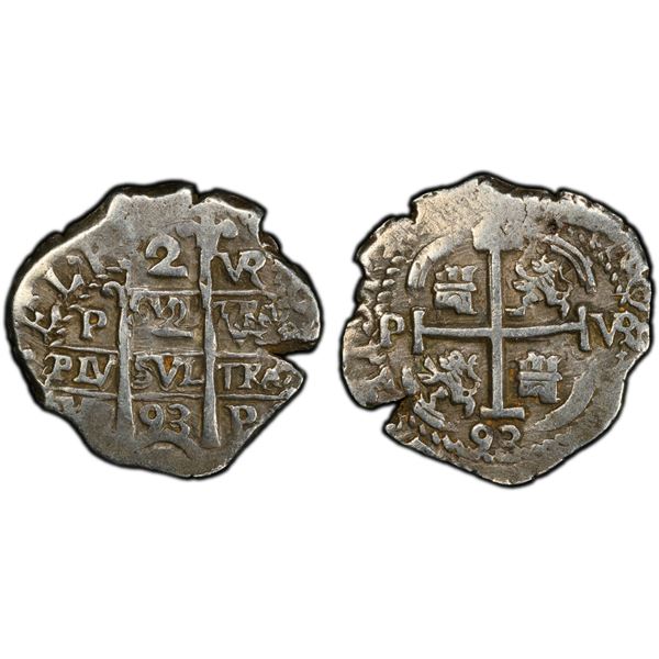 BOLIVIA: Carlos II, 1665-1700, AR 2 reales cob (6.63g), 1693-P, PCGS AU50