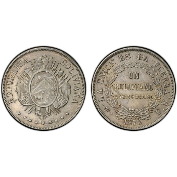 BOLIVIA: Republic, AR boliviano, 1872-PTS, PCGS AU58