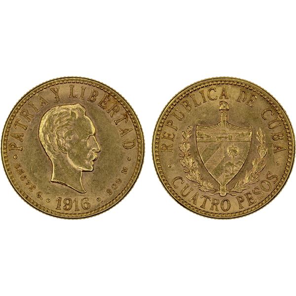 CUBA: Republic, AV 4 pesos, 1916, AU