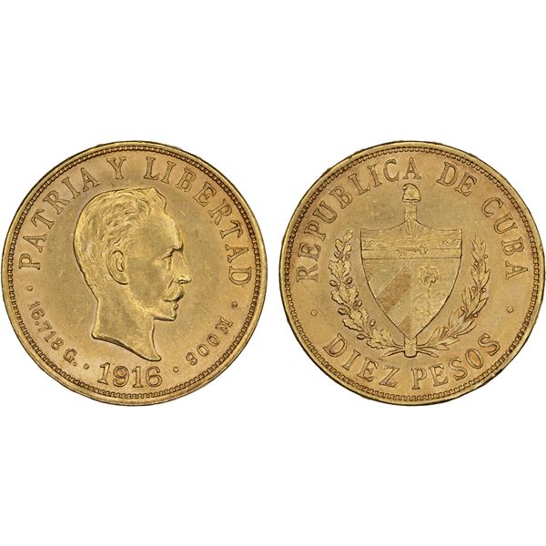 CUBA: Republic, AV 10 pesos, 1916, AU