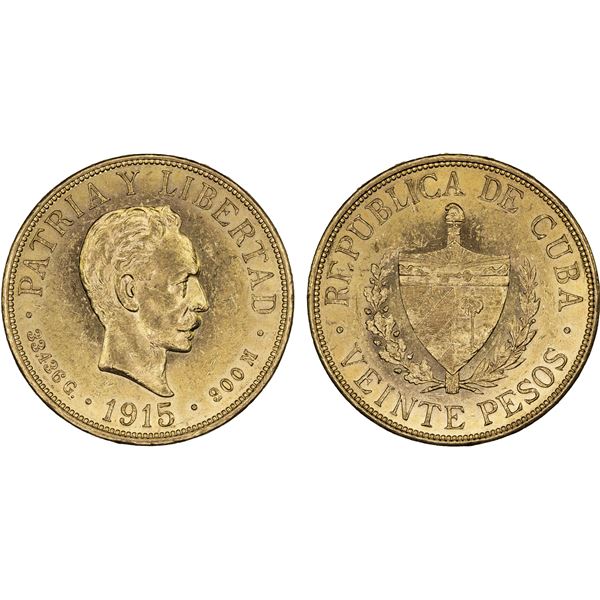 CUBA: Republic, AV 20 pesos, 1915, AU