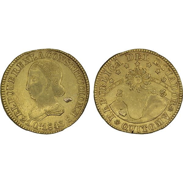 ECUADOR: Republic, AV 8 escudos, (26.66g), 1843 MV-S, XF