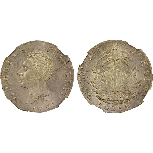 HAITI: Republic, 1825-1849, AR 100 centimes, 1830/AN 27, NGC MS63