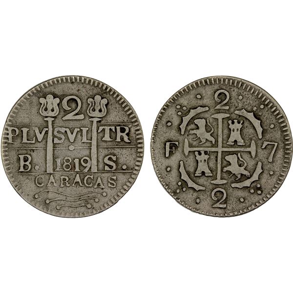VENEZUELA: Fernando VII, 1808-1821, AR 2 reales (4.67g), Caracas, 1819, F-VF