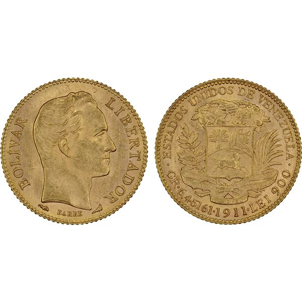 VENEZUELA: Republic, AV 20 bolivares, 1911, Unc