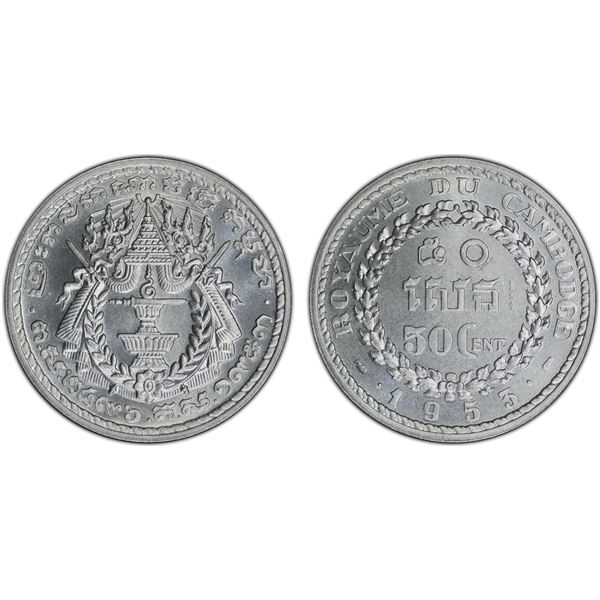CAMBODIA: Norodom Sihanouk, 1941-1955, 50 centimes, 1953, PCGS Specimen 66