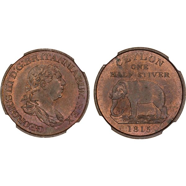 CEYLON: George III, 1760-1820, AE 1/2 stiver, 1815, NGC MS65 BN
