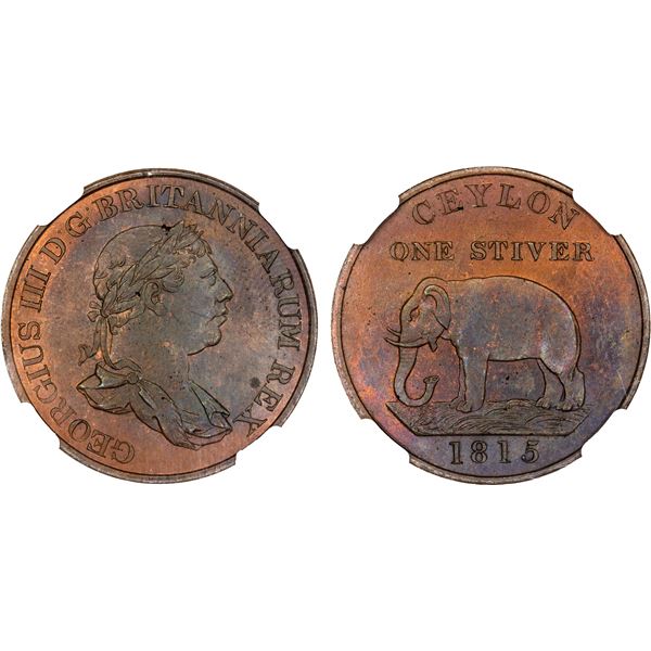 CEYLON: George III, 1760-1820, AE stiver, 1815, NGC MS64 BN