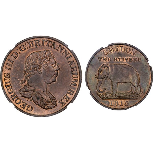 CEYLON: George III, 1760-1820, AE 2 stivers, 1815, NGC MS64 BN