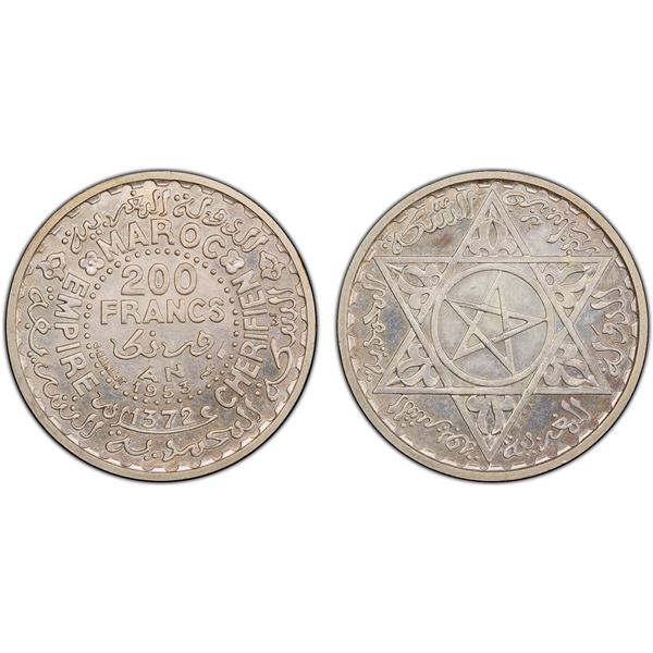 MOROCCO: Mohammad V, 1927-1962, AR 200 francs, 1953/AH1372, PCGS Specimen 65