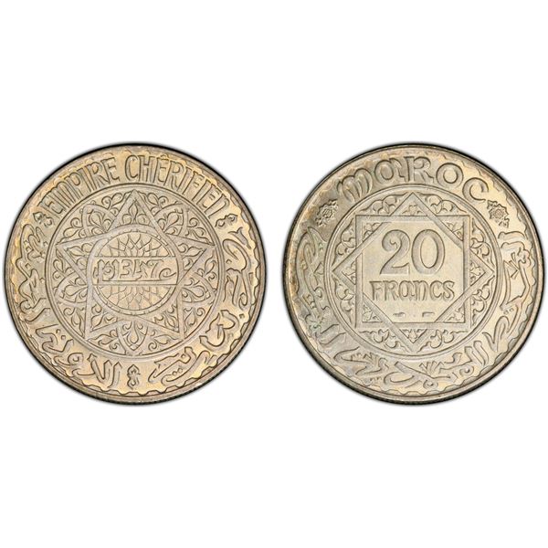 MOROCCO: Mohammed V, 1927-1962, AR 20 francs, AH1347, PCGS MS64
