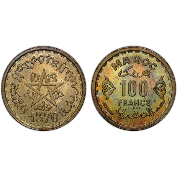 MOROCCO: Mohammed V, 1927-1962, AR 100 francs, AH1370, PCGS Specimen 66
