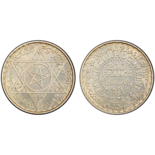 MOROCCO: Mohammad V, 1927-1962, AR 200 francs, 1953/AH1372, PCGS Specimen 66