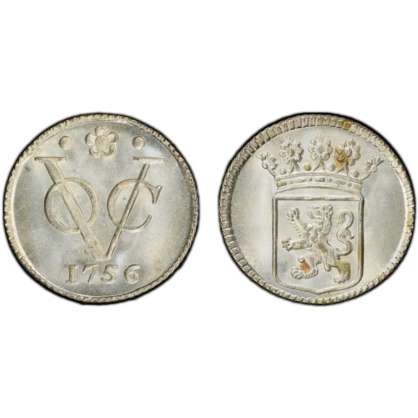NETHERLANDS EAST INDIES: Dutch Republic, AR 1/2 duit, Gelderland, 1756, PCGS Specimen 65