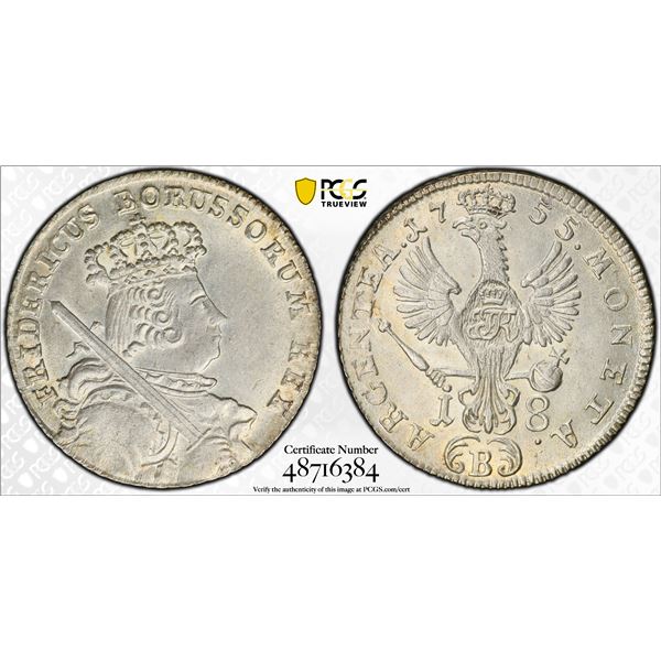 SILESIA: Friedrich II (The Great), 1740-1786, AR 18 kreuzer, 1755-B, PCGS MS63