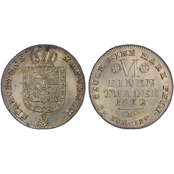 WESTPHALIA: Jérôme (Hieronymus) Napoleon, 1807-1813, AR 1/6 thaler, Braunschweig, 1812-A, PCGS UNC d
