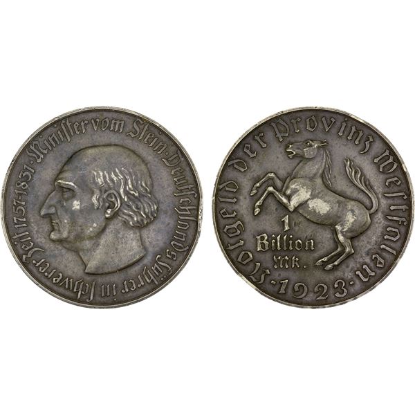WESTPHALIA: AE billion mark token (82.91g), 1923, VF