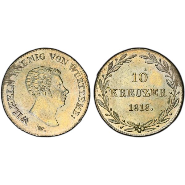 WÜRTTEMBERG: Wilhelm I, 1816-1864, BI 10 kreuzer, 1818, PCGS MS64