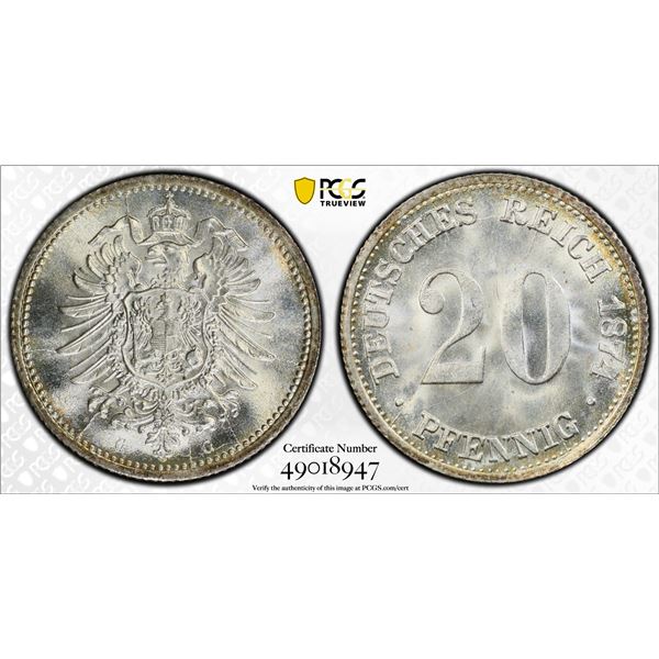 GERMANY: Kaiserreich, AR 20 pfennig, 1874-G, PCGS MS67