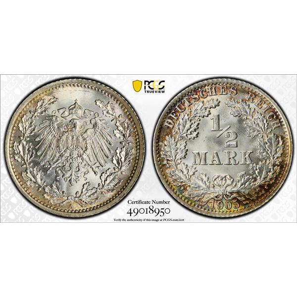 GERMANY: Kaiserreich, AR 1/2 mark, 1905-A, PCGS MS67