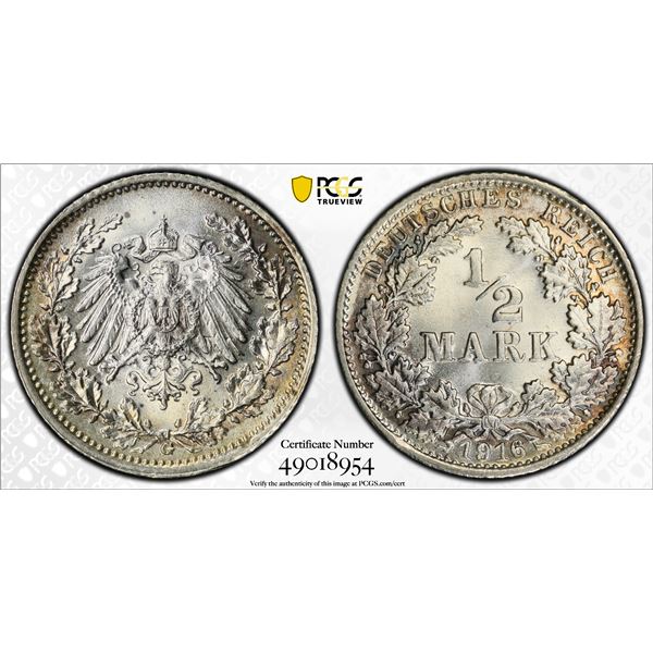 GERMANY: Kaiserreich, AR 1/2 mark, 1916-G, PCGS MS67