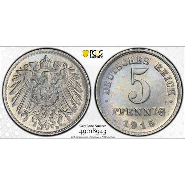 GERMANY: Kaiserreich, 5 pfennig, 1915-D, PCGS MS66
