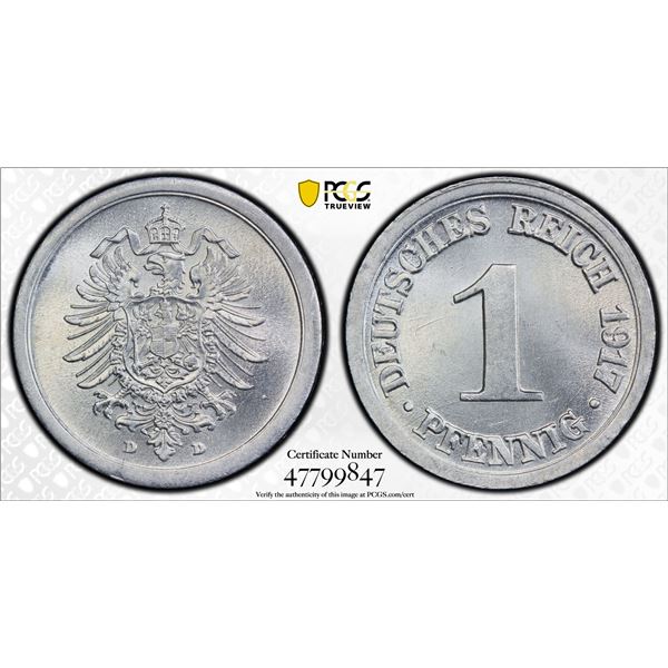 GERMANY: Kaiserreich, 1 pfennig, 1917-D, PCGS MS66