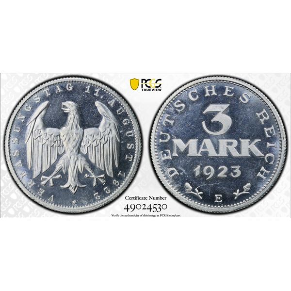 GERMANY: Weimar Republic, 3 mark, 1923-E, PCGS Proof 64 DCAM