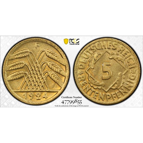 GERMANY: Weimar Republic, 5 rentenpfennig, 1924-F, PCGS MS66