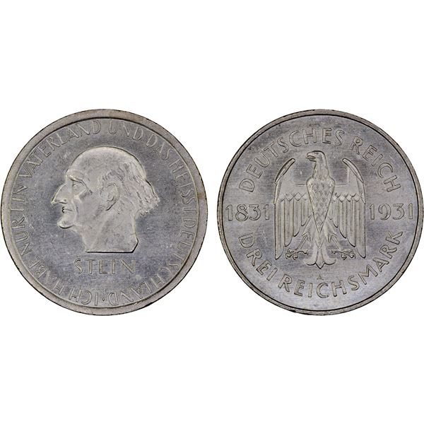 GERMANY: Weimar Republic, AR 3 reichsmark, 1931-A, Unc